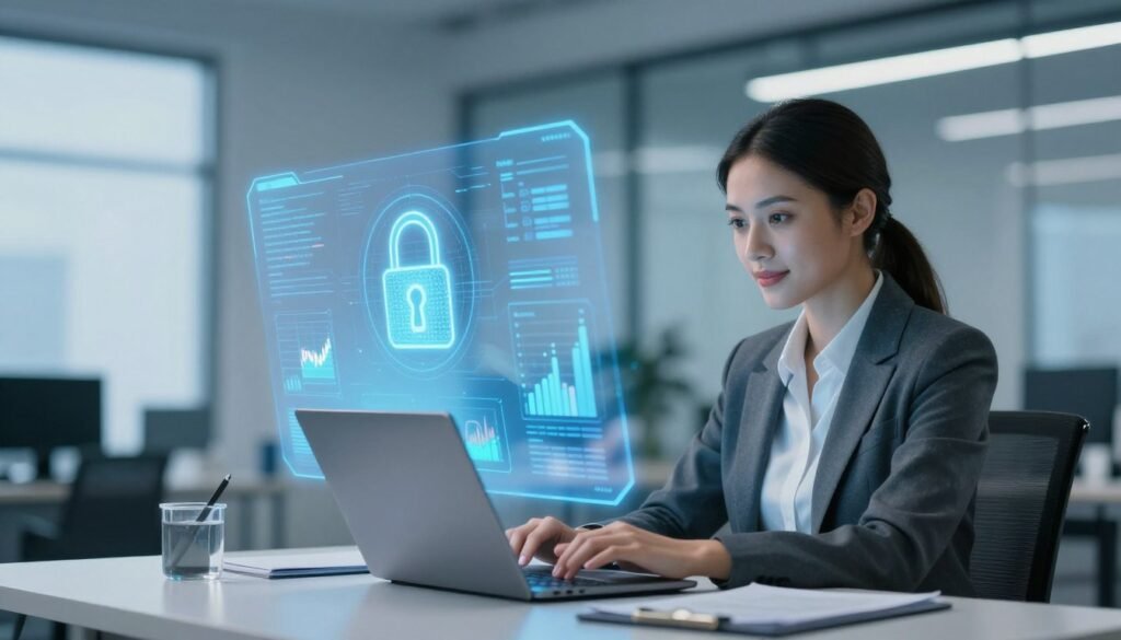 A modern digital landscape representing online transactions and security. In the foreground, a confident businesswoman in professional attire is sitting at a sleek desk, analyzing security data on a laptop, her face reflecting focus and determination. The middle layer features a holographic display of digital locks and financial graphs, symbolizing trust and security in online payments. The background includes a bright, tech-inspired office with soft blue lighting that creates a sense of calm and professionalism. The mood is optimistic and secure, evoking a sense of safety in e-commerce. The composition is dynamic, with a wide-angle perspective that allows the viewer to feel immersed in the scene, conveying the innovative spirit of online financial services. A modern digital landscape representing online transactions and security. In the foreground, a confident businesswoman in professional attire is sitting at a sleek desk, analyzing security data on a laptop, her face reflecting focus and determination. The middle layer features a holographic display of digital locks and financial graphs, symbolizing trust and security in online payments. The background includes a bright, tech-inspired office with soft blue lighting that creates a sense of calm and professionalism. The mood is optimistic and secure, evoking a sense of safety in e-commerce. The composition is dynamic, with a wide-angle perspective that allows the viewer to feel immersed in the scene, conveying the innovative spirit of online financial services.
