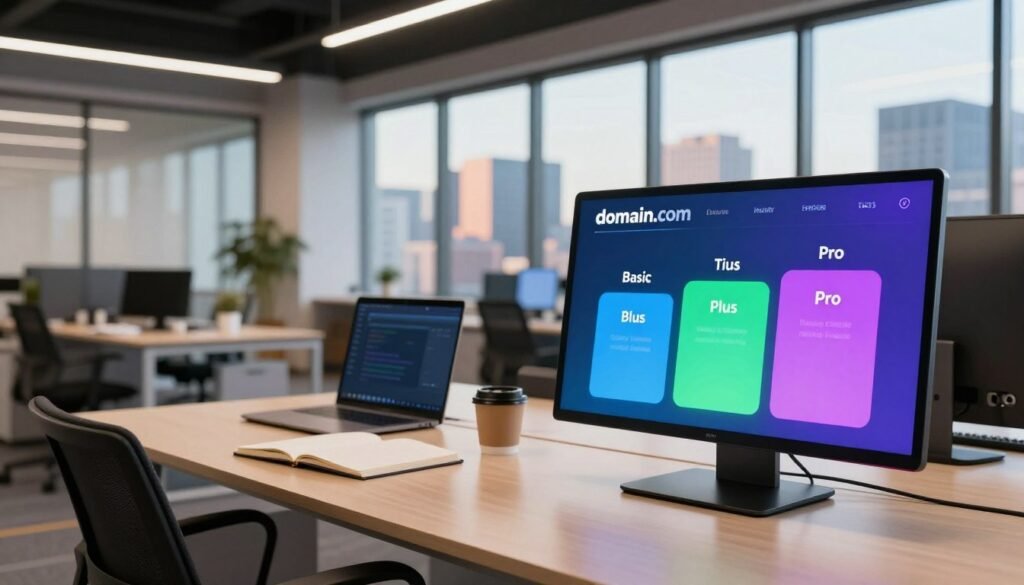 A modern digital office environment showcasing an overview of Domain.com hosting plans. In the foreground, a sleek, interactive touchscreen display with colorful graphics representing different hosting tiers (Basic, Plus, and Pro). The middle ground features a stylish desk arrangement with a laptop, open notebooks, and coffee cups, emphasizing a productive atmosphere. In the background, large windows letting in natural light, revealing a vibrant city skyline, creating an inspiring mood. Soft ambient lighting enhances the professionalism of the space, while a wide-angle perspective captures the entire setup. The scene conveys a sense of innovation and reliability, inviting viewers to explore Domain.com’s product offerings without any distractions. A modern digital office environment showcasing an overview of Domain.com hosting plans. In the foreground, a sleek, interactive touchscreen display with colorful graphics representing different hosting tiers (Basic, Plus, and Pro). The middle ground features a stylish desk arrangement with a laptop, open notebooks, and coffee cups, emphasizing a productive atmosphere. In the background, large windows letting in natural light, revealing a vibrant city skyline, creating an inspiring mood. Soft ambient lighting enhances the professionalism of the space, while a wide-angle perspective captures the entire setup. The scene conveys a sense of innovation and reliability, inviting viewers to explore Domain.com’s product offerings without any distractions.