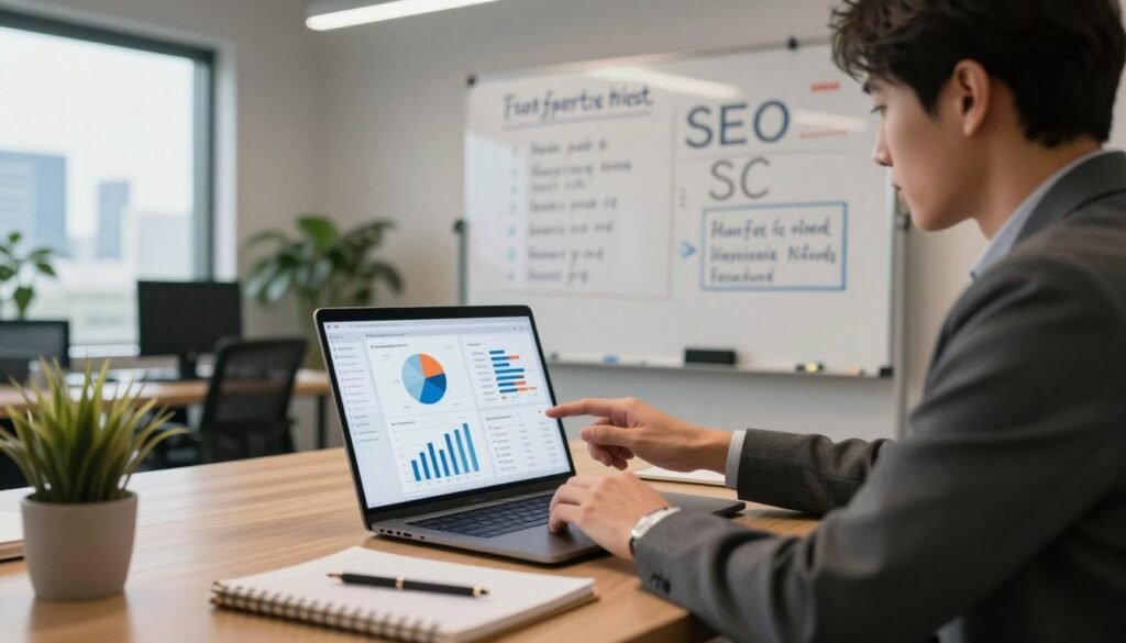 A modern digital workspace showcasing a professional in business attire, analyzing SEO performance metrics on a laptop. In the foreground, a focused individual is adjusting charts and graphs displayed on the screen, with analytical tools and a notepad filled with strategic notes nearby. The middle ground features a whiteboard filled with SEO strategies and keyword lists, illuminated by soft, warm lighting. The background depicts a sleek office environment with plants and a large window revealing a city skyline. The atmosphere is energetic and focused, emphasizing the importance of measuring and adjusting SEO strategies for improvement. Use a wide-angle lens to capture the depth of the workspace, with a natural light source enhancing the overall clarity and warmth of the image. A modern digital workspace showcasing a professional in business attire, analyzing SEO performance metrics on a laptop. In the foreground, a focused individual is adjusting charts and graphs displayed on the screen, with analytical tools and a notepad filled with strategic notes nearby. The middle ground features a whiteboard filled with SEO strategies and keyword lists, illuminated by soft, warm lighting. The background depicts a sleek office environment with plants and a large window revealing a city skyline. The atmosphere is energetic and focused, emphasizing the importance of measuring and adjusting SEO strategies for improvement. Use a wide-angle lens to capture the depth of the workspace, with a natural light source enhancing the overall clarity and warmth of the image.