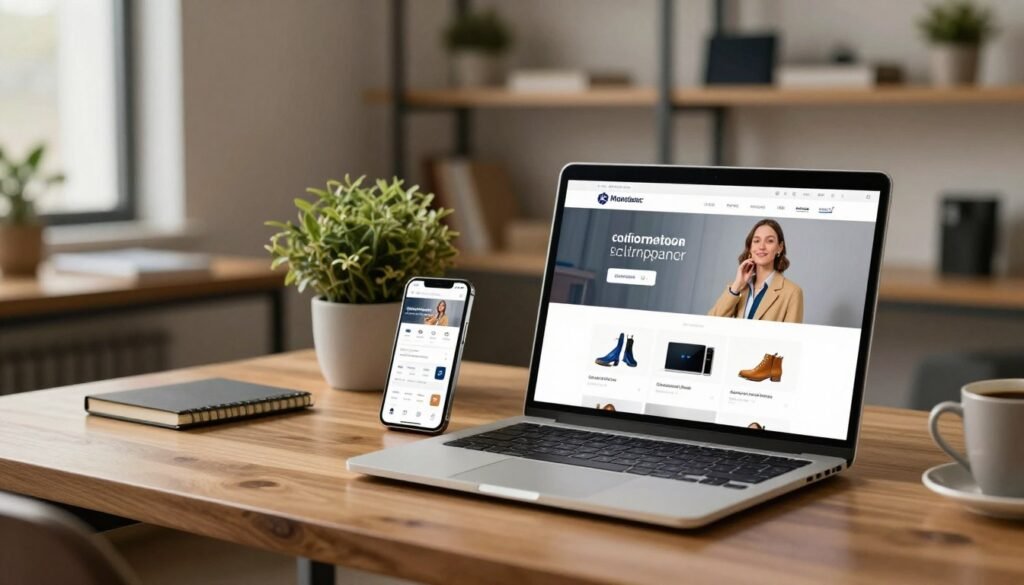 A modern e-commerce platform interface displayed on a sleek laptop, situated on a stylish wooden desk. In the foreground, the laptop screen shows an intuitive website design with various product categories visually arranged. Beside the laptop, a smartphone displays a shopping app, both devices illuminated by a soft, warm light that creates an inviting atmosphere. In the middle ground, there's a plant and a small notebook with a cup of coffee, adding to the cozy workspace vibe. The background features a contemporary office environment with shelves that subtly showcase items for sale, such as fashion and electronics, contributing to the e-commerce theme. The image should evoke a sense of professionalism and ease of use, conveying the essence of selecting an e-commerce platform and website creation. A modern e-commerce platform interface displayed on a sleek laptop, situated on a stylish wooden desk. In the foreground, the laptop screen shows an intuitive website design with various product categories visually arranged. Beside the laptop, a smartphone displays a shopping app, both devices illuminated by a soft, warm light that creates an inviting atmosphere. In the middle ground, there's a plant and a small notebook with a cup of coffee, adding to the cozy workspace vibe. The background features a contemporary office environment with shelves that subtly showcase items for sale, such as fashion and electronics, contributing to the e-commerce theme. The image should evoke a sense of professionalism and ease of use, conveying the essence of selecting an e-commerce platform and website creation.