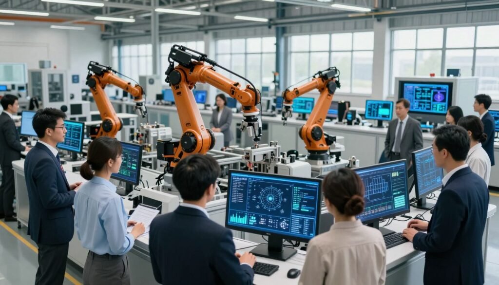 A modern industrial setting showcasing the advances in digital technology and industrial automation. In the foreground, a diverse group of professionals in business attire examine digital blueprints on a sleek touchscreen display. In the middle ground, robotic arms and automated machinery are actively engaged in production, surrounded by glowing screens displaying data analytics. The background features a spacious factory environment with large windows allowing natural light to flood in, enhancing a sense of innovation and progress. This image conveys a mood of excitement and forward-thinking, with a clean, high-tech aesthetic. Capture this scene using a wide-angle lens to emphasize the scale of technology, with bright, balanced lighting to highlight the details of the machinery and the expressions of the professionals. A modern industrial setting showcasing the advances in digital technology and industrial automation. In the foreground, a diverse group of professionals in business attire examine digital blueprints on a sleek touchscreen display. In the middle ground, robotic arms and automated machinery are actively engaged in production, surrounded by glowing screens displaying data analytics. The background features a spacious factory environment with large windows allowing natural light to flood in, enhancing a sense of innovation and progress. This image conveys a mood of excitement and forward-thinking, with a clean, high-tech aesthetic. Capture this scene using a wide-angle lens to emphasize the scale of technology, with bright, balanced lighting to highlight the details of the machinery and the expressions of the professionals.