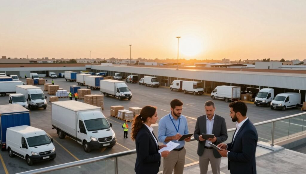 A modern logistics center in Morocco, showcasing a bustling transport hub filled with various delivery vehicles, trucks, and cargo pallets. In the foreground, diverse professionals in business attire engage in discussions, reviewing logistics plans and monitoring operations on tablets. The middle ground highlights well-organized loading bays and storage areas, with workers efficiently managing shipments. In the background, the sun sets over the city skyline, casting a warm golden light that enhances the industrious atmosphere. Use a wide-angle lens to capture the expansive scenes, ensuring a vibrant and dynamic feel. The overall mood is one of collaboration and efficiency, reflecting the thriving franchise opportunities in transport and logistics in Morocco. A modern logistics center in Morocco, showcasing a bustling transport hub filled with various delivery vehicles, trucks, and cargo pallets. In the foreground, diverse professionals in business attire engage in discussions, reviewing logistics plans and monitoring operations on tablets. The middle ground highlights well-organized loading bays and storage areas, with workers efficiently managing shipments. In the background, the sun sets over the city skyline, casting a warm golden light that enhances the industrious atmosphere. Use a wide-angle lens to capture the expansive scenes, ensuring a vibrant and dynamic feel. The overall mood is one of collaboration and efficiency, reflecting the thriving franchise opportunities in transport and logistics in Morocco.