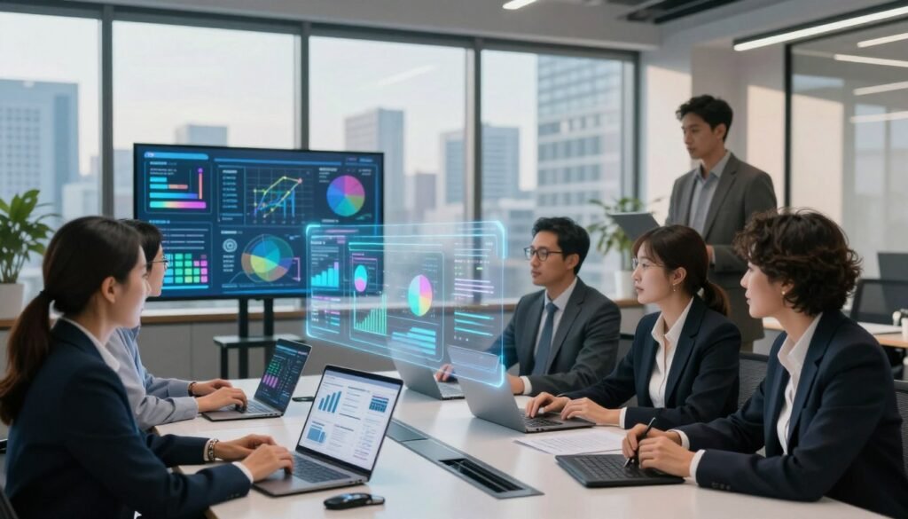 A modern office environment displaying the concept of digital transition and digital reporting. In the foreground, a diverse group of professionals in business attire are engaged in a lively discussion around a sleek conference table, with digital devices like laptops and tablets showing charts and graphs. In the middle ground, transparent screens and holographic displays visualize data analytics and digital interfaces, glowing with vibrant colors. In the background, large windows reveal a city skyline under soft, natural lighting, casting gentle shadows inside the office. The atmosphere is dynamic and inspiring, reflecting innovation and collaboration in a fast-paced, digital world. The scene captures the essence of transformation through technology, emphasizing growth and connectivity. A modern office environment displaying the concept of digital transition and digital reporting. In the foreground, a diverse group of professionals in business attire are engaged in a lively discussion around a sleek conference table, with digital devices like laptops and tablets showing charts and graphs. In the middle ground, transparent screens and holographic displays visualize data analytics and digital interfaces, glowing with vibrant colors. In the background, large windows reveal a city skyline under soft, natural lighting, casting gentle shadows inside the office. The atmosphere is dynamic and inspiring, reflecting innovation and collaboration in a fast-paced, digital world. The scene captures the essence of transformation through technology, emphasizing growth and connectivity.