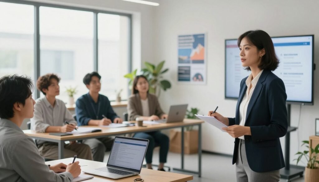 A modern office environment featuring a diverse group of people engaged in a professional development workshop. In the foreground, a confident woman in professional attire is giving a presentation, showcasing a digital screen with career transition strategies. The middle ground shows attentive participants, both men and women, taking notes and interacting, reflecting a collaborative atmosphere. In the background, large windows allow natural light to flood the room, creating a bright and inviting space with plants and motivational posters on the walls. The overall mood is inspiring and supportive, emphasizing growth and future opportunities in career paths. Use a soft focus lens to blur the background slightly, enhancing the foreground action. A modern office environment featuring a diverse group of people engaged in a professional development workshop. In the foreground, a confident woman in professional attire is giving a presentation, showcasing a digital screen with career transition strategies. The middle ground shows attentive participants, both men and women, taking notes and interacting, reflecting a collaborative atmosphere. In the background, large windows allow natural light to flood the room, creating a bright and inviting space with plants and motivational posters on the walls. The overall mood is inspiring and supportive, emphasizing growth and future opportunities in career paths. Use a soft focus lens to blur the background slightly, enhancing the foreground action.