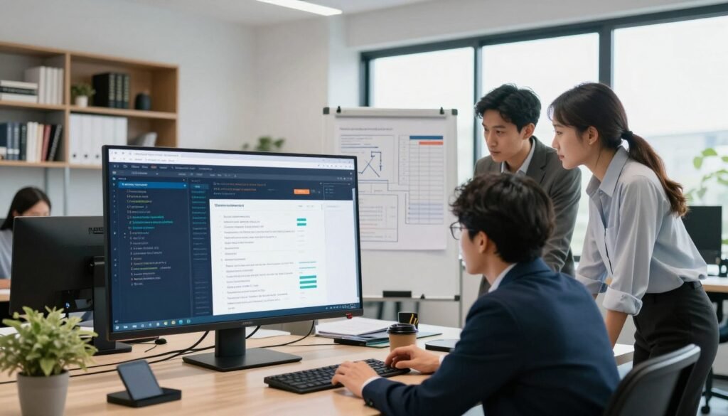 A modern office environment featuring a team of diverse professionals engaged in a technical compliance review of a website. In the foreground, a group of three individuals, two men and one woman, are gathered around a large screen displaying web code and security metrics, dressed in professional business attire. In the middle ground, a whiteboard filled with diagrams and checklists indicates aspects of technical compliance and website security. The background shows shelves with technical books and a large window allowing natural light to flood the room, creating an inviting atmosphere. The overall mood is focused and collaborative, conveying a sense of expertise and attention to detail in ensuring website compliance and security measures. Use a wide-angle lens for a spacious feel, with bright yet balanced lighting to enhance clarity. A modern office environment featuring a team of diverse professionals engaged in a technical compliance review of a website. In the foreground, a group of three individuals, two men and one woman, are gathered around a large screen displaying web code and security metrics, dressed in professional business attire. In the middle ground, a whiteboard filled with diagrams and checklists indicates aspects of technical compliance and website security. The background shows shelves with technical books and a large window allowing natural light to flood the room, creating an inviting atmosphere. The overall mood is focused and collaborative, conveying a sense of expertise and attention to detail in ensuring website compliance and security measures. Use a wide-angle lens for a spacious feel, with bright yet balanced lighting to enhance clarity.