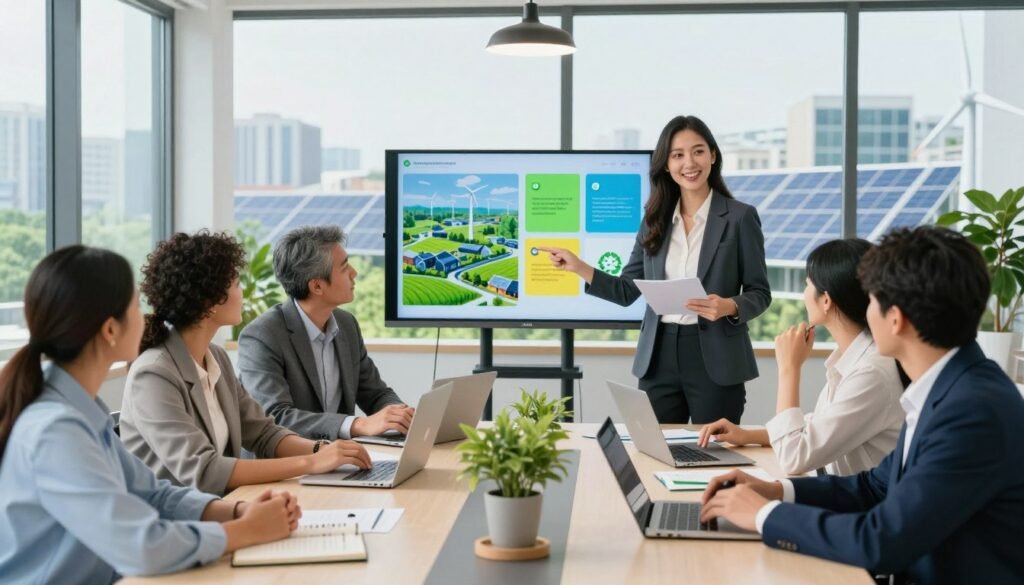 A modern office environment featuring diverse business professionals engaged in a collaborative meeting about sustainable innovation strategies. In the foreground, a confident woman in professional attire is presenting her ideas using colorful visual aids, while colleagues, both men and women of varied ethnic backgrounds, actively participate in the discussion. The middle ground showcases a sleek conference table surrounded by laptops, eco-friendly materials, and plants, emphasizing a commitment to sustainability. In the background, large windows allow natural light to flood the space, with a view of a green cityscape incorporating renewable energy elements like solar panels and wind turbines. The atmosphere is vibrant and optimistic, reflecting forward-thinking and collaboration in the pursuit of durable innovation. A modern office environment featuring diverse business professionals engaged in a collaborative meeting about sustainable innovation strategies. In the foreground, a confident woman in professional attire is presenting her ideas using colorful visual aids, while colleagues, both men and women of varied ethnic backgrounds, actively participate in the discussion. The middle ground showcases a sleek conference table surrounded by laptops, eco-friendly materials, and plants, emphasizing a commitment to sustainability. In the background, large windows allow natural light to flood the space, with a view of a green cityscape incorporating renewable energy elements like solar panels and wind turbines. The atmosphere is vibrant and optimistic, reflecting forward-thinking and collaboration in the pursuit of durable innovation.