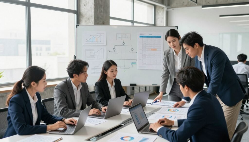 A modern office environment illustrating concrete examples of technical skills in a business setting. In the foreground, a diverse group of professionals, dressed in smart business attire, collaborate around a large table filled with laptops, charts, and digital devices. The middle ground features a large whiteboard displaying diagrams and project timelines. In the background, large windows allow natural light to flood the space, enhancing the atmosphere of productivity and innovation. The lighting is bright and inviting, creating a dynamic yet professional mood. Capture the scene from a slightly elevated angle to emphasize teamwork and engagement among the individuals, highlighting their focus on technical problem-solving and skill development. A modern office environment illustrating concrete examples of technical skills in a business setting. In the foreground, a diverse group of professionals, dressed in smart business attire, collaborate around a large table filled with laptops, charts, and digital devices. The middle ground features a large whiteboard displaying diagrams and project timelines. In the background, large windows allow natural light to flood the space, enhancing the atmosphere of productivity and innovation. The lighting is bright and inviting, creating a dynamic yet professional mood. Capture the scene from a slightly elevated angle to emphasize teamwork and engagement among the individuals, highlighting their focus on technical problem-solving and skill development.