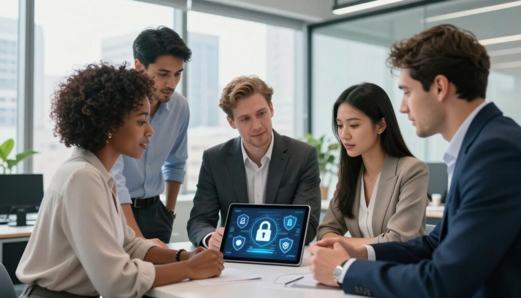 A modern office environment illustrating the principles of data protection. In the foreground, a diverse group of five professionals, including a Black woman in a smart blouse, a Caucasian man in a tailored suit, an Asian woman in a stylish dress, and a Middle-Eastern man wearing a sleek blazer, are engaged in a focused discussion around a digital tablet displaying data protection icons such as padlocks and shields. In the middle ground, a large glass window brightly illuminates the scene with natural light, with city skyscrapers faintly visible outside. The background includes a sleek, contemporary desk with plants and tech gadgets, creating a trustful business atmosphere. The composition should convey a sense of collaboration, responsibility, and professionalism, emphasizing the importance of data rights and legal obligations. A modern office environment illustrating the principles of data protection. In the foreground, a diverse group of five professionals, including a Black woman in a smart blouse, a Caucasian man in a tailored suit, an Asian woman in a stylish dress, and a Middle-Eastern man wearing a sleek blazer, are engaged in a focused discussion around a digital tablet displaying data protection icons such as padlocks and shields. In the middle ground, a large glass window brightly illuminates the scene with natural light, with city skyscrapers faintly visible outside. The background includes a sleek, contemporary desk with plants and tech gadgets, creating a trustful business atmosphere. The composition should convey a sense of collaboration, responsibility, and professionalism, emphasizing the importance of data rights and legal obligations.