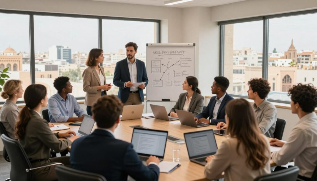 A modern office environment in Morocco, showcasing a diverse group of professionals engaged in a recruitment and skills development workshop. In the foreground, a male and female facilitator, dressed in professional business attire, are collaborating with a group of attentive participants, who are seated around a large conference table with laptops and notebooks open. The middle layer features a whiteboard filled with diagrams and notes about skill development and recruitment strategies. The background includes large windows letting in natural light, displaying a panoramic view of a bustling Moroccan cityscape. The mood is dynamic and inspiring, highlighting teamwork and professional growth. Use warm, inviting lighting to enhance the atmosphere of collaboration and learning. A modern office environment in Morocco, showcasing a diverse group of professionals engaged in a recruitment and skills development workshop. In the foreground, a male and female facilitator, dressed in professional business attire, are collaborating with a group of attentive participants, who are seated around a large conference table with laptops and notebooks open. The middle layer features a whiteboard filled with diagrams and notes about skill development and recruitment strategies. The background includes large windows letting in natural light, displaying a panoramic view of a bustling Moroccan cityscape. The mood is dynamic and inspiring, highlighting teamwork and professional growth. Use warm, inviting lighting to enhance the atmosphere of collaboration and learning.