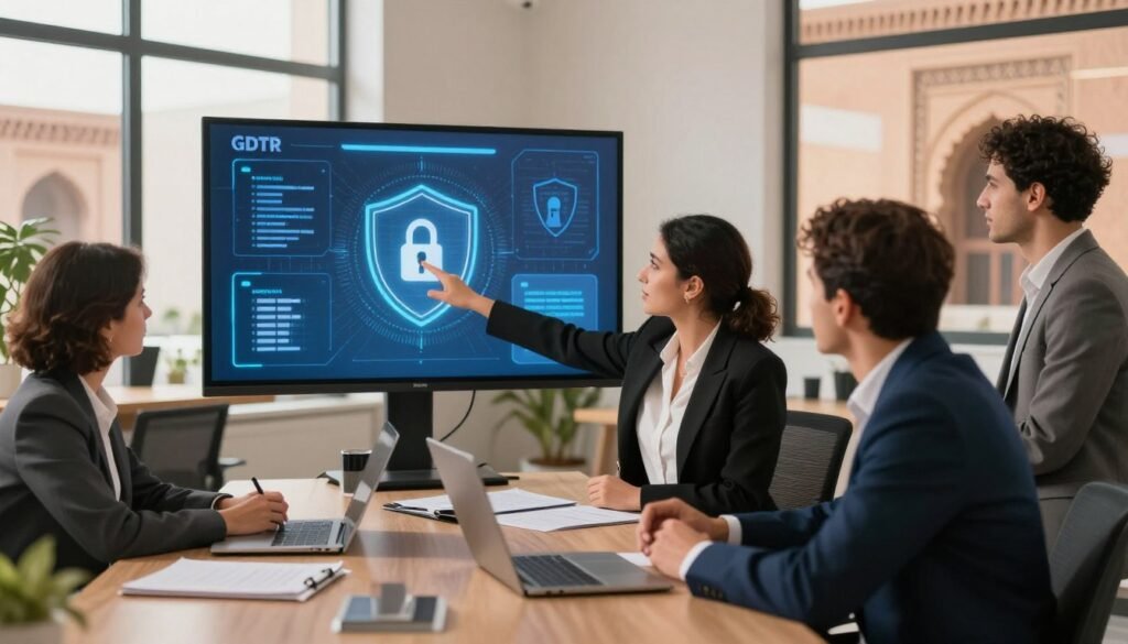 A modern office environment in Morocco, showcasing a diverse group of professionals in business attire engaged in a discussion about data protection and GDPR compliance. In the foreground, a knowledgeable businesswoman points to a digital presentation, while a businessman observes with interest. The middle ground features a large screen displaying abstract visuals representing data security and compliance, such as locked files and security shields. The background includes Moroccan architecture blended with high-tech elements, symbolizing the fusion of tradition and modernity. Soft, natural lighting from large windows casts a warm glow over the scene, creating a professional yet approachable atmosphere. The overall mood is focused and collaborative, emphasizing the importance of personal data protection for Moroccan businesses. A modern office environment in Morocco, showcasing a diverse group of professionals in business attire engaged in a discussion about data protection and GDPR compliance. In the foreground, a knowledgeable businesswoman points to a digital presentation, while a businessman observes with interest. The middle ground features a large screen displaying abstract visuals representing data security and compliance, such as locked files and security shields. The background includes Moroccan architecture blended with high-tech elements, symbolizing the fusion of tradition and modernity. Soft, natural lighting from large windows casts a warm glow over the scene, creating a professional yet approachable atmosphere. The overall mood is focused and collaborative, emphasizing the importance of personal data protection for Moroccan businesses.