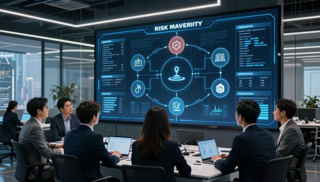 A modern office environment reflecting a continuous improvement cycle for risk mapping in cybersecurity. In the foreground, a diverse group of professionals in business attire is engaged in a collaborative discussion, analyzing a large digital screen displaying intricate charts and graphs illustrating risk assessment data. In the middle, there are interconnected flowcharts and icons symbolizing various stages of risk management and improvement processes. The background features a sleek, high-tech workspace with glass walls, ambient LED lighting creating a focused atmosphere, and a futuristic city skyline visible through the windows. The scene conveys a sense of urgency and precision, emphasizing the importance of proactive cybersecurity measures in a dynamic digital landscape. A modern office environment reflecting a continuous improvement cycle for risk mapping in cybersecurity. In the foreground, a diverse group of professionals in business attire is engaged in a collaborative discussion, analyzing a large digital screen displaying intricate charts and graphs illustrating risk assessment data. In the middle, there are interconnected flowcharts and icons symbolizing various stages of risk management and improvement processes. The background features a sleek, high-tech workspace with glass walls, ambient LED lighting creating a focused atmosphere, and a futuristic city skyline visible through the windows. The scene conveys a sense of urgency and precision, emphasizing the importance of proactive cybersecurity measures in a dynamic digital landscape.