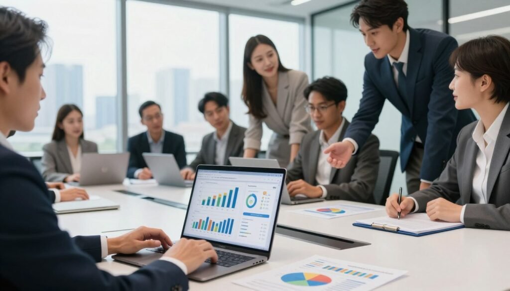 A modern office environment showcasing key performance indicators for CSR reporting. In the foreground, a formal conference table with a sleek laptop, colorful graphs, and charts displayed on the screen, indicating metrics of business performance. In the middle ground, a group of diverse professionals in smart business attire are analyzing the data together, engaged in discussion, emphasizing collaboration. The background features a large window with a city skyline view, with soft natural light flooding the room, creating a productive atmosphere. The overall mood is focused and optimistic, reflecting a commitment to corporate social responsibility. The angle is slightly elevated, capturing the professionalism and dynamism of the scene. A modern office environment showcasing key performance indicators for CSR reporting. In the foreground, a formal conference table with a sleek laptop, colorful graphs, and charts displayed on the screen, indicating metrics of business performance. In the middle ground, a group of diverse professionals in smart business attire are analyzing the data together, engaged in discussion, emphasizing collaboration. The background features a large window with a city skyline view, with soft natural light flooding the room, creating a productive atmosphere. The overall mood is focused and optimistic, reflecting a commitment to corporate social responsibility. The angle is slightly elevated, capturing the professionalism and dynamism of the scene.