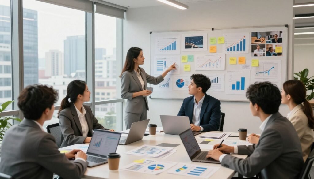 A modern office environment showcasing the theme of business creation and development. In the foreground, a diverse group of professionals in business attire engage in a brainstorming session around a large table filled with laptops, charts, and coffee cups. The middle layer features an inspiring vision board on the wall, adorned with graphs, sticky notes, and images representing innovation and growth. The background includes a panoramic window with a view of a bustling cityscape, symbolizing opportunity. Soft, natural light pours in, creating a warm and inviting atmosphere. The angle is slightly elevated to capture both the team interaction and the vibrant environment, fostering a sense of collaboration and ambition. A modern office environment showcasing the theme of business creation and development. In the foreground, a diverse group of professionals in business attire engage in a brainstorming session around a large table filled with laptops, charts, and coffee cups. The middle layer features an inspiring vision board on the wall, adorned with graphs, sticky notes, and images representing innovation and growth. The background includes a panoramic window with a view of a bustling cityscape, symbolizing opportunity. Soft, natural light pours in, creating a warm and inviting atmosphere. The angle is slightly elevated to capture both the team interaction and the vibrant environment, fostering a sense of collaboration and ambition.