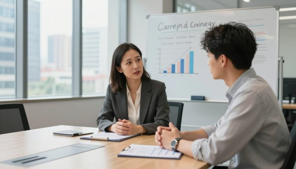 A modern office environment, where a professional coach is guiding a young professional in personalized career development. In the foreground, the coach, a middle-aged woman in smart business attire, is engaged in a thoughtful discussion with her client, a young man dressed in smart casual clothing. They sit at a sleek, well-lit conference table filled with career planning materials. In the middle ground, a whiteboard displays diagrams of growth and goals, emphasizing tailored strategies. The background features large windows showcasing a vibrant cityscape, symbolizing opportunities. Soft, natural light floods the scene, creating a warm and inviting atmosphere, while the camera angle captures the intimacy of their interaction, highlighting the importance of personalized support in career coaching. A modern office environment, where a professional coach is guiding a young professional in personalized career development. In the foreground, the coach, a middle-aged woman in smart business attire, is engaged in a thoughtful discussion with her client, a young man dressed in smart casual clothing. They sit at a sleek, well-lit conference table filled with career planning materials. In the middle ground, a whiteboard displays diagrams of growth and goals, emphasizing tailored strategies. The background features large windows showcasing a vibrant cityscape, symbolizing opportunities. Soft, natural light floods the scene, creating a warm and inviting atmosphere, while the camera angle captures the intimacy of their interaction, highlighting the importance of personalized support in career coaching.