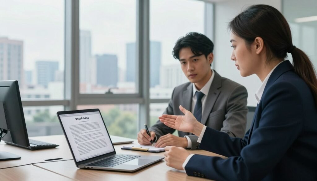 A modern office setting featuring a diverse group of three professionals engaged in a discussion about data privacy and international data transfers. In the foreground, a female lawyer in business attire is gesturing toward a laptop displaying complex legal documents. Next to her, a male data analyst in a tailored suit takes notes. In the background, a large window shows a city skyline symbolizing globalization. Soft, natural lighting illuminates the space, creating a serious yet collaborative atmosphere, accentuated by a slight depth of field effect. The color palette is neutral with blue and gray tones. The image encapsulates professionalism and the significance of legal safeguards in data transfers. A modern office setting featuring a diverse group of three professionals engaged in a discussion about data privacy and international data transfers. In the foreground, a female lawyer in business attire is gesturing toward a laptop displaying complex legal documents. Next to her, a male data analyst in a tailored suit takes notes. In the background, a large window shows a city skyline symbolizing globalization. Soft, natural lighting illuminates the space, creating a serious yet collaborative atmosphere, accentuated by a slight depth of field effect. The color palette is neutral with blue and gray tones. The image encapsulates professionalism and the significance of legal safeguards in data transfers.
