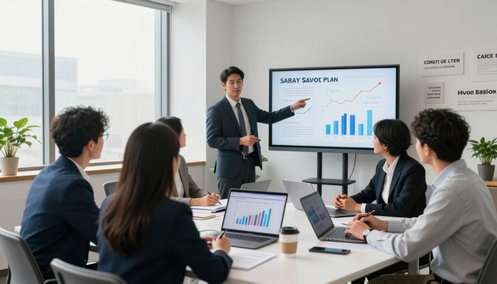A modern office setting illuminated by soft, natural light coming through large windows. In the foreground, a diverse group of professionals discussing a salary savings plan around a sleek conference table filled with documents and a laptop displaying graphs. The middle ground features a presenter pointing to a digital screen with an infographic illustrating investment opportunities. In the background, potted plants and inspirational quotes on the walls create a motivating atmosphere. The subjects are dressed in professional business attire, exuding a sense of collaboration and focus. The overall mood is optimistic and aspirational, capturing the essence of workplace savings and investment strategies in a vivid, engaging way. A modern office setting illuminated by soft, natural light coming through large windows. In the foreground, a diverse group of professionals discussing a salary savings plan around a sleek conference table filled with documents and a laptop displaying graphs. The middle ground features a presenter pointing to a digital screen with an infographic illustrating investment opportunities. In the background, potted plants and inspirational quotes on the walls create a motivating atmosphere. The subjects are dressed in professional business attire, exuding a sense of collaboration and focus. The overall mood is optimistic and aspirational, capturing the essence of workplace savings and investment strategies in a vivid, engaging way.