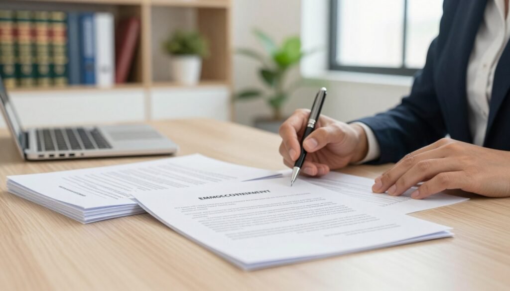 A modern office setting illustrating the essential elements of a Moroccan employment contract. In the foreground, a detailed close-up of a well-organized desk featuring a neatly arranged stack of official documents, including a partially visible employment contract with highlighted sections indicating mandatory mentions. In the middle, a focused view of a professional individual, dressed in business attire, reviewing the contract with a pen in hand, showing intent and diligence. In the background, a softly blurred office environment with shelves of legal books and a potted plant, creating a warm and inviting atmosphere. The lighting is bright and natural, coming from a nearby window, enhancing the professional mood of diligence and responsibility. A modern office setting illustrating the essential elements of a Moroccan employment contract. In the foreground, a detailed close-up of a well-organized desk featuring a neatly arranged stack of official documents, including a partially visible employment contract with highlighted sections indicating mandatory mentions. In the middle, a focused view of a professional individual, dressed in business attire, reviewing the contract with a pen in hand, showing intent and diligence. In the background, a softly blurred office environment with shelves of legal books and a potted plant, creating a warm and inviting atmosphere. The lighting is bright and natural, coming from a nearby window, enhancing the professional mood of diligence and responsibility.
