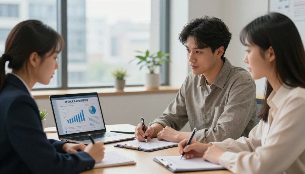 A modern office setting symbolizing social security affiliation and social obligations in a professional context. In the foreground, a diverse group of three professionals engaged in a discussion, one woman in a business suit, a man in a smart casual outfit, and a woman in a blouse, all focused and taking notes. The middle-ground features a desk with documents and a laptop displaying graphs related to social security obligations. In the background, a large window allowing natural light to fill the room, with a cityscape visible, emphasizing a corporate environment. The overall atmosphere is collaborative and informative, with warm lighting creating an inviting mood. The composition should be sharp, with a slight depth of field to highlight the professionals while softly blurring the background. A modern office setting symbolizing social security affiliation and social obligations in a professional context. In the foreground, a diverse group of three professionals engaged in a discussion, one woman in a business suit, a man in a smart casual outfit, and a woman in a blouse, all focused and taking notes. The middle-ground features a desk with documents and a laptop displaying graphs related to social security obligations. In the background, a large window allowing natural light to fill the room, with a cityscape visible, emphasizing a corporate environment. The overall atmosphere is collaborative and informative, with warm lighting creating an inviting mood. The composition should be sharp, with a slight depth of field to highlight the professionals while softly blurring the background.