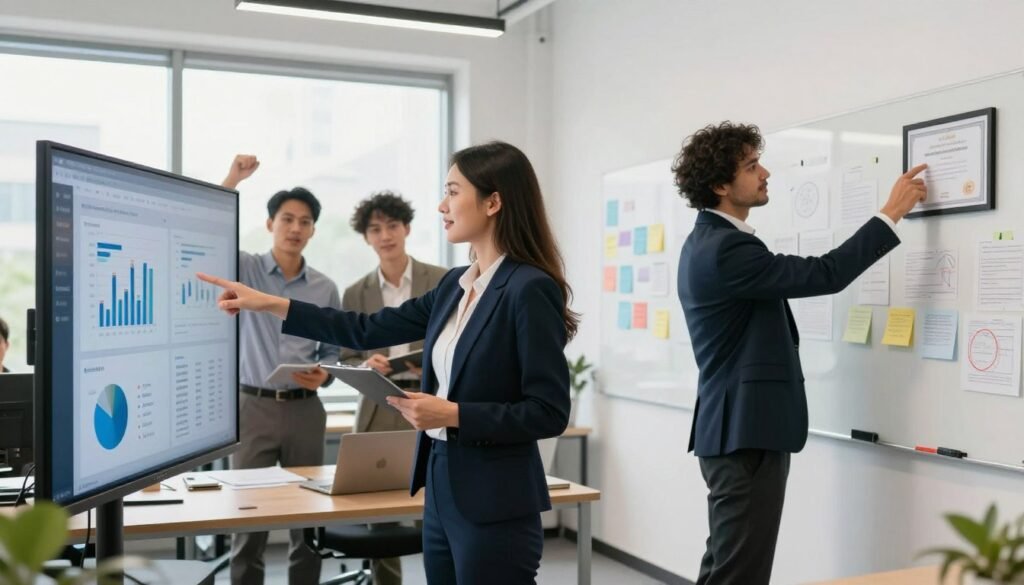 A modern office setting with a diverse group of professionals engaged in discussion, showcasing their achievements. In the foreground, a confident woman in smart business attire points to a digital presentation on a sleek screen, highlighting statistics and graphs that represent her successes. Beside her, a man in a tailored suit gestures towards a framed certificate of achievement on the wall. In the middle ground, teammates enthusiastically collaborate, surrounded by notes and a whiteboard filled with ideas. The background shows a bright, well-lit office space with windows that allow natural light to flood the room, creating an atmosphere of inspiration and productivity. The mood is positive and motivating, emphasizing teamwork and the importance of showcasing professional achievements. A modern office setting with a diverse group of professionals engaged in discussion, showcasing their achievements. In the foreground, a confident woman in smart business attire points to a digital presentation on a sleek screen, highlighting statistics and graphs that represent her successes. Beside her, a man in a tailored suit gestures towards a framed certificate of achievement on the wall. In the middle ground, teammates enthusiastically collaborate, surrounded by notes and a whiteboard filled with ideas. The background shows a bright, well-lit office space with windows that allow natural light to flood the room, creating an atmosphere of inspiration and productivity. The mood is positive and motivating, emphasizing teamwork and the importance of showcasing professional achievements.