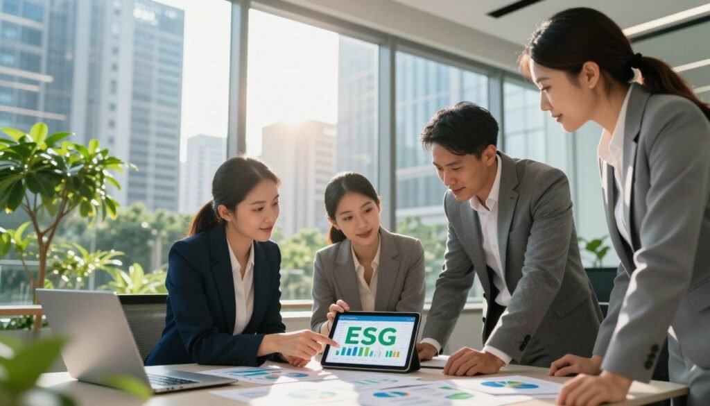 A modern office setting with professionals discussing ESG (Environmental, Social, and Governance) strategies. In the foreground, a diverse group of business people in smart professional attire (a woman in a navy blazer, a man in a gray suit, and another colleague in a smart dress) intensely analyzing graphs and charts on a digital tablet. The middle ground showcases a large glass window revealing a city skyline, bathed in warm sunlight, reflecting a bright and hopeful future. In the background, lush greenery is visible, symbolizing sustainability and growth. The atmosphere is optimistic and engaging, emphasizing the impact of ESG on company financial performance with a sense of collaboration and innovation. Bright lighting enhances the overall dynamic mood, while the lens captures a slightly wide-angle view to incorporate all these elements cohesively. A modern office setting with professionals discussing ESG (Environmental, Social, and Governance) strategies. In the foreground, a diverse group of business people in smart professional attire (a woman in a navy blazer, a man in a gray suit, and another colleague in a smart dress) intensely analyzing graphs and charts on a digital tablet. The middle ground showcases a large glass window revealing a city skyline, bathed in warm sunlight, reflecting a bright and hopeful future. In the background, lush greenery is visible, symbolizing sustainability and growth. The atmosphere is optimistic and engaging, emphasizing the impact of ESG on company financial performance with a sense of collaboration and innovation. Bright lighting enhances the overall dynamic mood, while the lens captures a slightly wide-angle view to incorporate all these elements cohesively.
