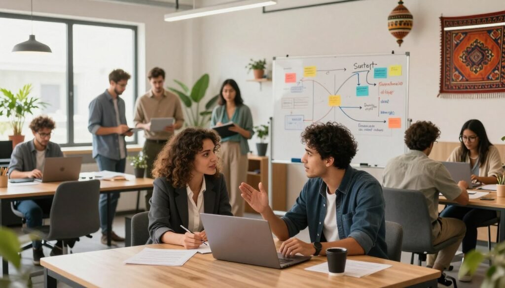 A modern office space filled with diverse entrepreneurs working together, showcasing a vibrant and collaborative atmosphere. In the foreground, a woman in professional attire discusses ideas with a man in business casual, both engaged in a brainstorming session over a laptop. The middle ground features a whiteboard filled with colorful diagrams and notes about startup strategies. In the background, large windows let in natural light, illuminating plants and decor that represent Moroccan culture, such as traditional patterns and colors. The overall mood is energetic and optimistic, with an emphasis on innovation and teamwork, captured with a wide-angle lens that highlights the dynamic environment. Employ soft, warm lighting to create a welcoming feel. A modern office space filled with diverse entrepreneurs working together, showcasing a vibrant and collaborative atmosphere. In the foreground, a woman in professional attire discusses ideas with a man in business casual, both engaged in a brainstorming session over a laptop. The middle ground features a whiteboard filled with colorful diagrams and notes about startup strategies. In the background, large windows let in natural light, illuminating plants and decor that represent Moroccan culture, such as traditional patterns and colors. The overall mood is energetic and optimistic, with an emphasis on innovation and teamwork, captured with a wide-angle lens that highlights the dynamic environment. Employ soft, warm lighting to create a welcoming feel.