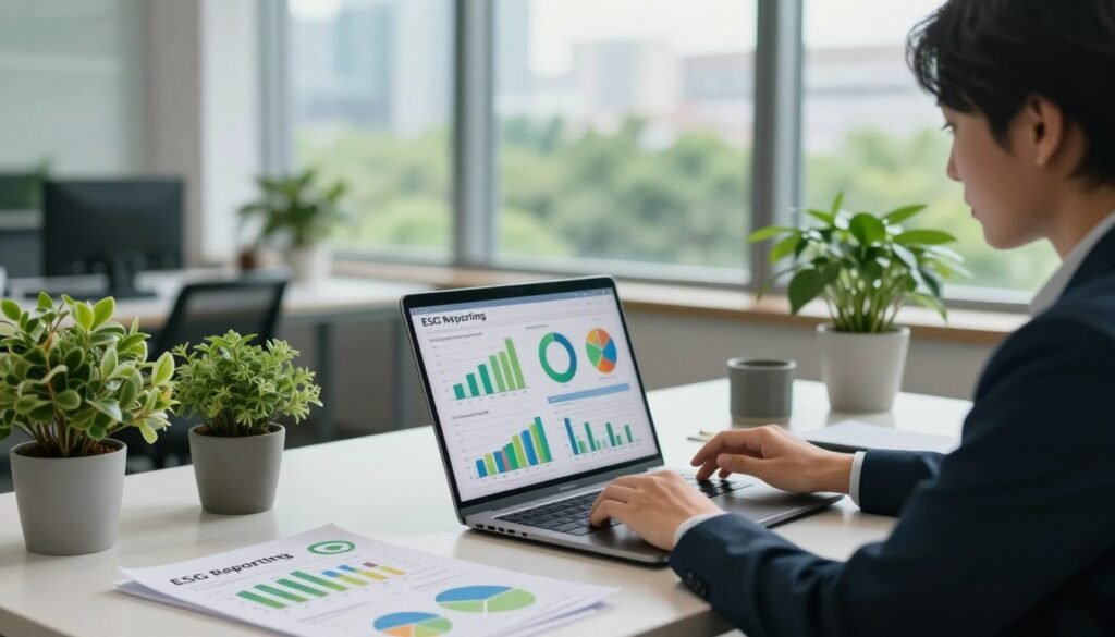 A modern office space focused on ESG reporting, featuring a sleek desk with a laptop displaying colorful graphs and charts related to sustainability metrics. In the foreground, a person in professional attire, analyzing data on the screen, with a look of concentration. The middle ground showcases eco-friendly materials like potted plants and recycled paper reports neatly organized. The background includes a large window revealing a green cityscape, symbolizing sustainable development. Soft, natural lighting filters in, creating a warm, optimistic atmosphere. The overall color palette includes greens and blues, evoking a sense of eco-friendliness and serenity, with a slight blur applied to the background to emphasize the foreground activities. A modern office space focused on ESG reporting, featuring a sleek desk with a laptop displaying colorful graphs and charts related to sustainability metrics. In the foreground, a person in professional attire, analyzing data on the screen, with a look of concentration. The middle ground showcases eco-friendly materials like potted plants and recycled paper reports neatly organized. The background includes a large window revealing a green cityscape, symbolizing sustainable development. Soft, natural lighting filters in, creating a warm, optimistic atmosphere. The overall color palette includes greens and blues, evoking a sense of eco-friendliness and serenity, with a slight blur applied to the background to emphasize the foreground activities.