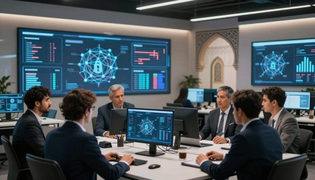 A modern office space showcasing the cybersecurity landscape in Morocco. In the foreground, a diverse group of professionals in business attire is engaged in a discussion around a digital interface displaying data charts and cybersecurity metrics. The middle area features interactive screens with visualizations of cybersecurity trends, such as network security threats and data protection methods. The background includes elements of Moroccan architecture, like archways and traditional patterns, subtly blended with high-tech devices to symbolize the fusion of culture and technology. Soft, ambient lighting enhances the futuristic feel, while a slight depth of field focuses on the group, evoking a sense of collaboration and urgency in addressing current cybersecurity challenges. A modern office space showcasing the cybersecurity landscape in Morocco. In the foreground, a diverse group of professionals in business attire is engaged in a discussion around a digital interface displaying data charts and cybersecurity metrics. The middle area features interactive screens with visualizations of cybersecurity trends, such as network security threats and data protection methods. The background includes elements of Moroccan architecture, like archways and traditional patterns, subtly blended with high-tech devices to symbolize the fusion of culture and technology. Soft, ambient lighting enhances the futuristic feel, while a slight depth of field focuses on the group, evoking a sense of collaboration and urgency in addressing current cybersecurity challenges.