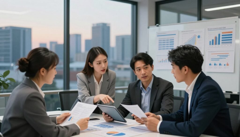 A modern office space with a glass wall showcasing a city skyline in the background during dusk. In the foreground, a diverse group of three professionals, one woman and two men, are engaged in a lively discussion around a table covered with charts and graphs reflecting marketing performance metrics and ROI calculations. The woman, dressed in smart casual attire, points to a digital tablet, while the men, in professional business suits, review printed reports. Soft, warm lighting creates a collaborative and focused atmosphere, and a large whiteboard displays key performance indicators. The camera angle is slightly above eye level, providing a dynamic view of the team collaboration. A modern office space with a glass wall showcasing a city skyline in the background during dusk. In the foreground, a diverse group of three professionals, one woman and two men, are engaged in a lively discussion around a table covered with charts and graphs reflecting marketing performance metrics and ROI calculations. The woman, dressed in smart casual attire, points to a digital tablet, while the men, in professional business suits, review printed reports. Soft, warm lighting creates a collaborative and focused atmosphere, and a large whiteboard displays key performance indicators. The camera angle is slightly above eye level, providing a dynamic view of the team collaboration.