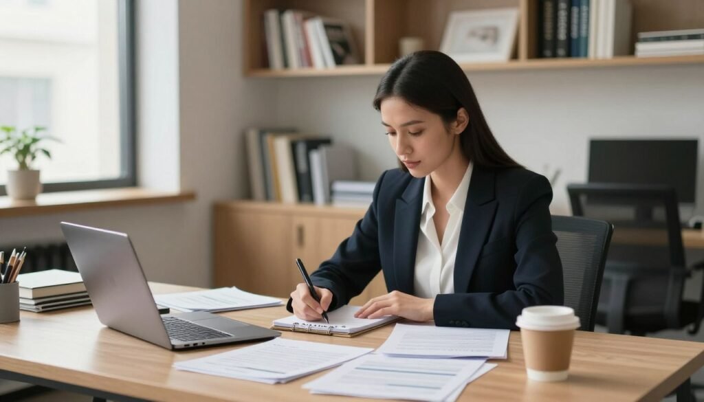 A modern office space with a large desk in the foreground, cluttered with papers, a laptop displaying a skills assessment, and a cup of coffee. In the middle, a professional woman with a focused expression, dressed in smart business attire, is writing notes on a notepad. She has long hair neatly styled and appears engaged in her work. The background features shelves filled with books on career development, and a window letting in soft, natural light, creating a warm and inspiring atmosphere. The overall mood is one of motivation and professionalism, suggesting a journey of self-discovery and preparation for career advancement. A modern office space with a large desk in the foreground, cluttered with papers, a laptop displaying a skills assessment, and a cup of coffee. In the middle, a professional woman with a focused expression, dressed in smart business attire, is writing notes on a notepad. She has long hair neatly styled and appears engaged in her work. The background features shelves filled with books on career development, and a window letting in soft, natural light, creating a warm and inspiring atmosphere. The overall mood is one of motivation and professionalism, suggesting a journey of self-discovery and preparation for career advancement.
