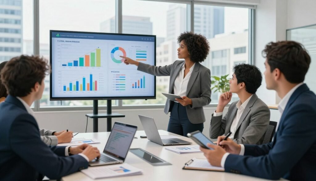 A modern office workspace featuring a diverse group of professionals engaged in a discussion around KPI performance metrics. In the foreground, a confident Black woman in business attire points at a large digital screen displaying colorful graphs and charts, while a Hispanic man in a suit takes notes on a tablet. The middle ground shows a sleek conference table with analytical reports and laptops open. The background consists of large windows with a view of a bustling cityscape, infused with natural light that creates a vibrant and inspiring atmosphere. The overall mood is focused and collaborative, reflecting a strategic approach to digital performance measurement in a Moroccan context. A modern office workspace featuring a diverse group of professionals engaged in a discussion around KPI performance metrics. In the foreground, a confident Black woman in business attire points at a large digital screen displaying colorful graphs and charts, while a Hispanic man in a suit takes notes on a tablet. The middle ground shows a sleek conference table with analytical reports and laptops open. The background consists of large windows with a view of a bustling cityscape, infused with natural light that creates a vibrant and inspiring atmosphere. The overall mood is focused and collaborative, reflecting a strategic approach to digital performance measurement in a Moroccan context.