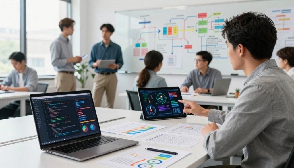 A modern office workspace filled with data science tools and methods. In the foreground, a sleek laptop displays graphs and code on its screen, surrounded by scattered data charts and analytics reports. In the middle, a diverse group of professionals, both men and women in business casual attire, are engaged in collaboration, discussing insights from their work. One individual points at a digital tablet showing machine learning models. In the background, a large whiteboard filled with colorful diagrams, algorithms, and flowcharts illustrating data science techniques and workflows. The scene is well-lit with natural light streaming through large windows, creating a bright, dynamic atmosphere that embodies innovation and teamwork in data science. A modern office workspace filled with data science tools and methods. In the foreground, a sleek laptop displays graphs and code on its screen, surrounded by scattered data charts and analytics reports. In the middle, a diverse group of professionals, both men and women in business casual attire, are engaged in collaboration, discussing insights from their work. One individual points at a digital tablet showing machine learning models. In the background, a large whiteboard filled with colorful diagrams, algorithms, and flowcharts illustrating data science techniques and workflows. The scene is well-lit with natural light streaming through large windows, creating a bright, dynamic atmosphere that embodies innovation and teamwork in data science.