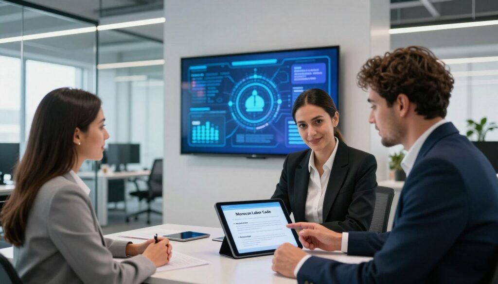 A modern, sleek office environment filled with advanced technology; in the foreground, a diverse team of professionals (two women and a man) dressed in formal business attire, engaged in a collaborative discussion over a digital tablet displaying the Moroccan Labor Code. In the middle, a large, digital screen on the wall showcases vibrant graphics and icons representing modernization and digitalization of labor laws. The background features glass walls and modern office furniture, bathed in bright, natural light filtering through large windows, creating a productive and optimistic atmosphere. The angle of the image gives a dynamic perspective, emphasizing teamwork and the integration of technology in the workplace. The overall mood is inspiring and forward-thinking, illustrating the theme of digital access and modernization in labor rights. A modern, sleek office environment filled with advanced technology; in the foreground, a diverse team of professionals (two women and a man) dressed in formal business attire, engaged in a collaborative discussion over a digital tablet displaying the Moroccan Labor Code. In the middle, a large, digital screen on the wall showcases vibrant graphics and icons representing modernization and digitalization of labor laws. The background features glass walls and modern office furniture, bathed in bright, natural light filtering through large windows, creating a productive and optimistic atmosphere. The angle of the image gives a dynamic perspective, emphasizing teamwork and the integration of technology in the workplace. The overall mood is inspiring and forward-thinking, illustrating the theme of digital access and modernization in labor rights.