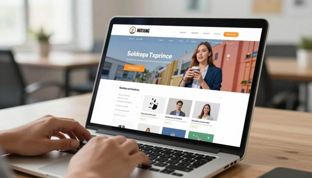 A modern, user-friendly website interface displayed on a sleek laptop, showcasing an ergonomic design focused on user experience. In the foreground, a pair of professional hands navigates through the website, highlighting intuitive menus and interactive elements. The middle ground features a clear layout with vibrant colors, easy-to-read fonts, and engaging visuals that guide user attention. In the background, a soft-focus office setting with ambient daylight creates a warm, inviting atmosphere, enhancing the feeling of professionalism and comfort. The scene is captured with a slight tilt to add depth, utilizing natural lighting to emphasize the clean lines and user-friendly features of the website. A modern, user-friendly website interface displayed on a sleek laptop, showcasing an ergonomic design focused on user experience. In the foreground, a pair of professional hands navigates through the website, highlighting intuitive menus and interactive elements. The middle ground features a clear layout with vibrant colors, easy-to-read fonts, and engaging visuals that guide user attention. In the background, a soft-focus office setting with ambient daylight creates a warm, inviting atmosphere, enhancing the feeling of professionalism and comfort. The scene is captured with a slight tilt to add depth, utilizing natural lighting to emphasize the clean lines and user-friendly features of the website.