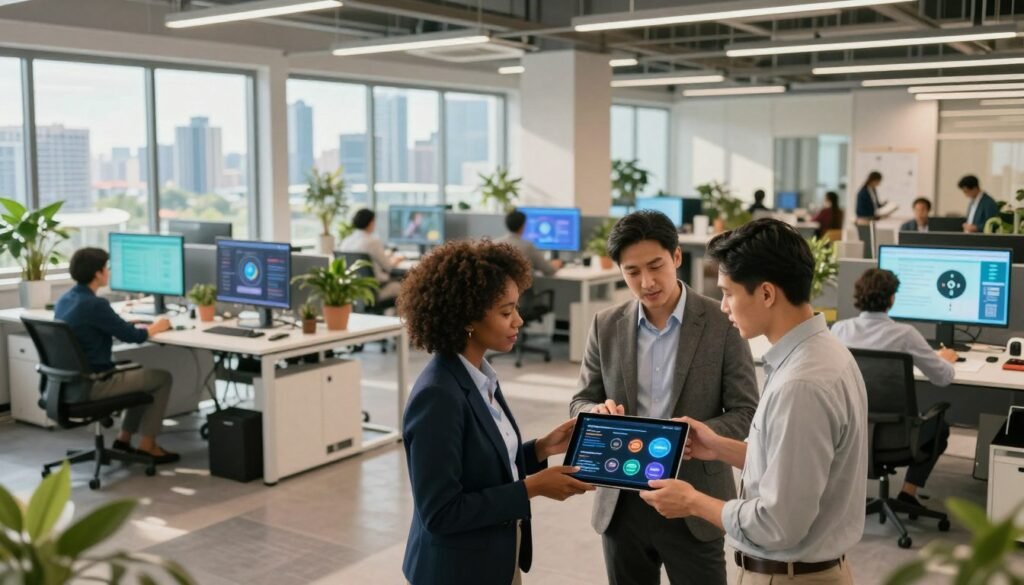 A modern, vibrant workspace filled with diverse professionals, showcasing future career trends and evolution. In the foreground, a group of three individuals—one Black woman and two men of Asian descent—dressed in professional attire, engaged in a dynamic discussion around a digital tablet displaying infographics on career development. The middle ground features an open office layout with high-tech features, such as interactive screens and plants, symbolizing growth and innovation. In the background, large windows flood the space with natural light, revealing a future city skyline. The atmosphere is optimistic and forward-looking, with soft, warm lighting to enhance a sense of collaboration and opportunity, shot with a wide-angle lens for a spacious feel. A modern, vibrant workspace filled with diverse professionals, showcasing future career trends and evolution. In the foreground, a group of three individuals—one Black woman and two men of Asian descent—dressed in professional attire, engaged in a dynamic discussion around a digital tablet displaying infographics on career development. The middle ground features an open office layout with high-tech features, such as interactive screens and plants, symbolizing growth and innovation. In the background, large windows flood the space with natural light, revealing a future city skyline. The atmosphere is optimistic and forward-looking, with soft, warm lighting to enhance a sense of collaboration and opportunity, shot with a wide-angle lens for a spacious feel.
