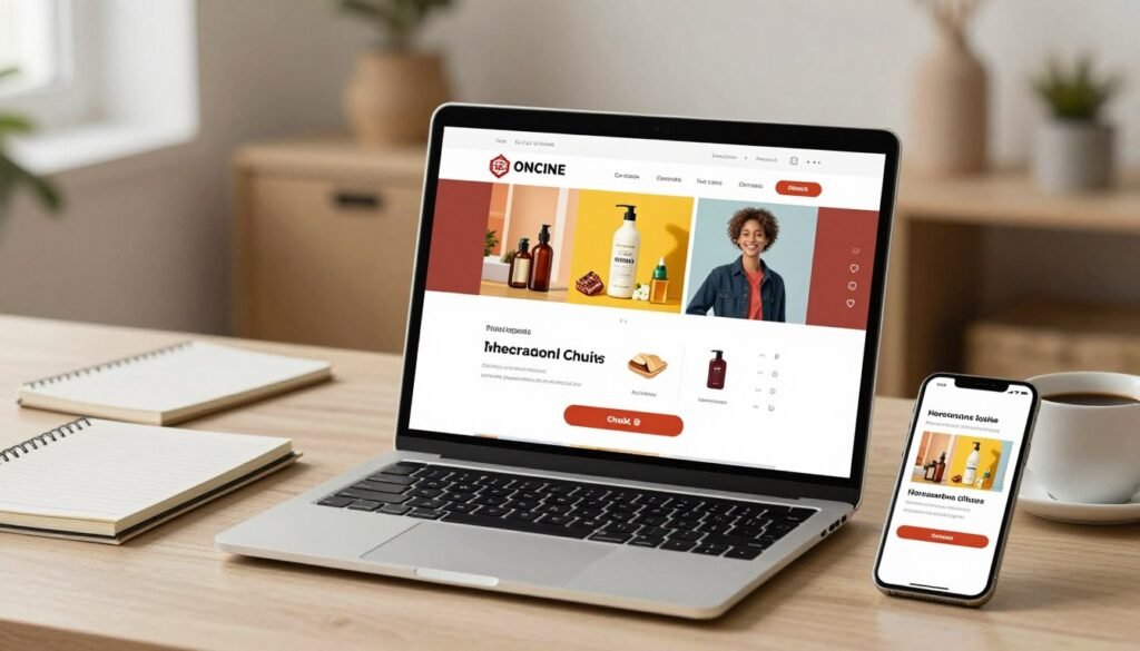 A modern, well-designed online store interface showcasing key features of e-commerce success, with elements like a user-friendly navigation bar, product categories, vibrant images of products, and a smooth checkout process. In the foreground, a sleek laptop displaying the online store, surrounded by various devices like a tablet and smartphone, emphasizing multi-platform accessibility. The middle ground features a desk adorned with professional business accessories like a notepad and coffee cup, conveying a productive atmosphere. The background highlights a cozy home office setting with warm lighting, soft shadows, and a minimalist design. The overall mood is professional and inviting, reflecting innovation and convenience in online shopping, perfect for a Moroccan e-commerce context. A modern, well-designed online store interface showcasing key features of e-commerce success, with elements like a user-friendly navigation bar, product categories, vibrant images of products, and a smooth checkout process. In the foreground, a sleek laptop displaying the online store, surrounded by various devices like a tablet and smartphone, emphasizing multi-platform accessibility. The middle ground features a desk adorned with professional business accessories like a notepad and coffee cup, conveying a productive atmosphere. The background highlights a cozy home office setting with warm lighting, soft shadows, and a minimalist design. The overall mood is professional and inviting, reflecting innovation and convenience in online shopping, perfect for a Moroccan e-commerce context.