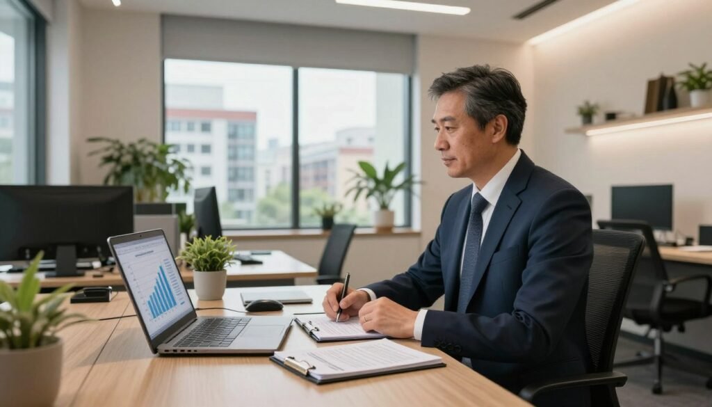 A modern, well-organized rental management office, featuring a professional property manager, a middle-aged man in a smart business suit, sitting at a sleek desk flanked by stylish office furnishings. The foreground includes a laptop displaying graphs of rental income trends and a notepad filled with notes on optimizing property management. In the middle, a window reveals a view of urban apartments, symbolizing investment opportunities. The background is softly lit, highlighting modern decor with plants, giving a sense of productivity and tranquility. The warm lighting creates a welcoming atmosphere, emphasizing efficiency in managing rental properties and enhancing profitability. Use a wide-angle lens to capture the entire scene, ensuring a professional presentation. A modern, well-organized rental management office, featuring a professional property manager, a middle-aged man in a smart business suit, sitting at a sleek desk flanked by stylish office furnishings. The foreground includes a laptop displaying graphs of rental income trends and a notepad filled with notes on optimizing property management. In the middle, a window reveals a view of urban apartments, symbolizing investment opportunities. The background is softly lit, highlighting modern decor with plants, giving a sense of productivity and tranquility. The warm lighting creates a welcoming atmosphere, emphasizing efficiency in managing rental properties and enhancing profitability. Use a wide-angle lens to capture the entire scene, ensuring a professional presentation.