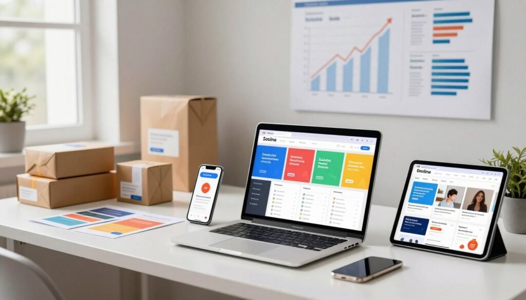 A modern workspace featuring an array of online sales tools and platforms, prominently displayed on a sleek desk. In the foreground, show a laptop open to a vibrant e-commerce dashboard, surrounded by a smartphone displaying a successful sale notification and a tablet showcasing various online marketplace apps. In the middle ground, add stacks of colorful product packaging and marketing materials to highlight the retail aspect. The background should feature a wall with a large, informative chart illustrating online sales trends and statistics. Soft, natural lighting streams in from a nearby window, creating a bright and inviting atmosphere. The overall mood reflects professionalism and innovation, suitable for a thriving online business environment. A modern workspace featuring an array of online sales tools and platforms, prominently displayed on a sleek desk. In the foreground, show a laptop open to a vibrant e-commerce dashboard, surrounded by a smartphone displaying a successful sale notification and a tablet showcasing various online marketplace apps. In the middle ground, add stacks of colorful product packaging and marketing materials to highlight the retail aspect. The background should feature a wall with a large, informative chart illustrating online sales trends and statistics. Soft, natural lighting streams in from a nearby window, creating a bright and inviting atmosphere. The overall mood reflects professionalism and innovation, suitable for a thriving online business environment.