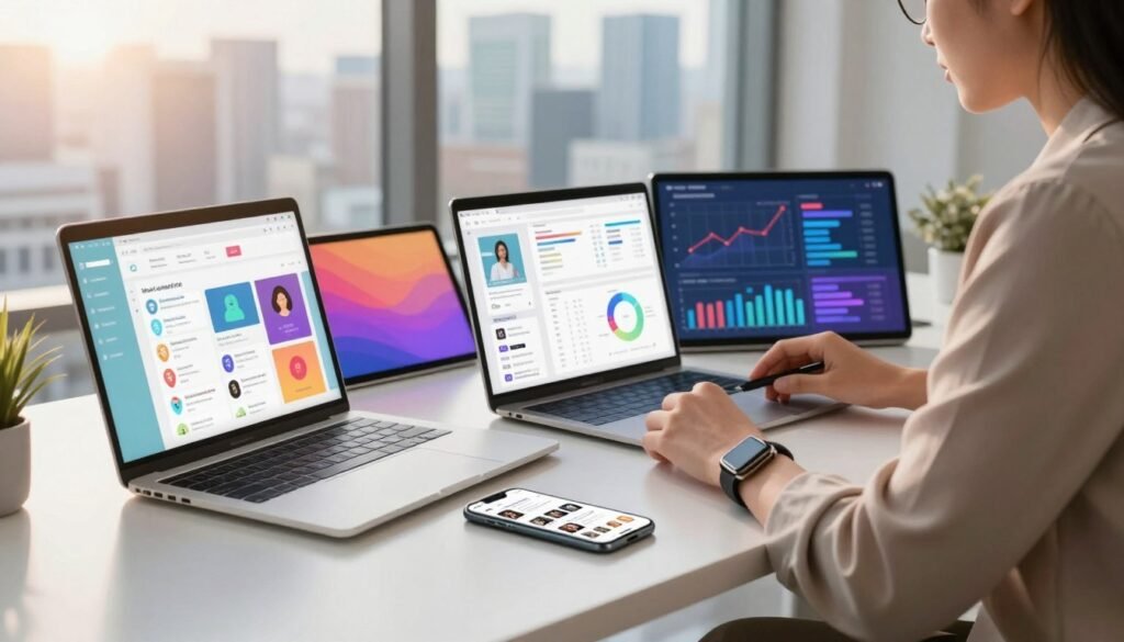 A modern workspace filled with vibrant digital trends, showcasing an elegant desk with a sleek laptop and a smartphone displaying social media platforms. The foreground features a professional dressed person in modest business attire, intently analyzing digital graphs and metrics on the screen. In the middle, a colorful array of digital devices like tablets and smartwatches highlight the latest trends. The background displays a dynamic city skyline visible through a large window, bathed in soft, natural light coming from the left, creating a warm and inviting atmosphere. The entire scene conveys a sense of innovation and connection, emphasizing a forward-thinking approach to digital trends in social media usage. A modern workspace filled with vibrant digital trends, showcasing an elegant desk with a sleek laptop and a smartphone displaying social media platforms. The foreground features a professional dressed person in modest business attire, intently analyzing digital graphs and metrics on the screen. In the middle, a colorful array of digital devices like tablets and smartwatches highlight the latest trends. The background displays a dynamic city skyline visible through a large window, bathed in soft, natural light coming from the left, creating a warm and inviting atmosphere. The entire scene conveys a sense of innovation and connection, emphasizing a forward-thinking approach to digital trends in social media usage.