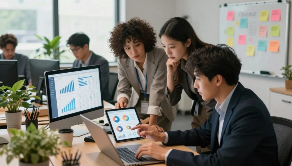 A modern workspace scene depicting diverse professionals collaborating over digital devices to strategize for optimal social media usage. In the foreground, a group of three individuals, one woman and two men, are intently discussing over a laptop, all dressed in professional business attire. The middle section showcases graphs and charts displayed on a tablet, representing data analysis. The background features a contemporary office setting with plants, large windows letting in natural light, and a whiteboard filled with colorful notes and strategies. The atmosphere is focused and productive, illuminated by warm, soft lighting to enhance a sense of collaboration and innovation. The scene is shot from a slightly elevated angle to give a comprehensive view of this engaging environment. A modern workspace scene depicting diverse professionals collaborating over digital devices to strategize for optimal social media usage. In the foreground, a group of three individuals, one woman and two men, are intently discussing over a laptop, all dressed in professional business attire. The middle section showcases graphs and charts displayed on a tablet, representing data analysis. The background features a contemporary office setting with plants, large windows letting in natural light, and a whiteboard filled with colorful notes and strategies. The atmosphere is focused and productive, illuminated by warm, soft lighting to enhance a sense of collaboration and innovation. The scene is shot from a slightly elevated angle to give a comprehensive view of this engaging environment.