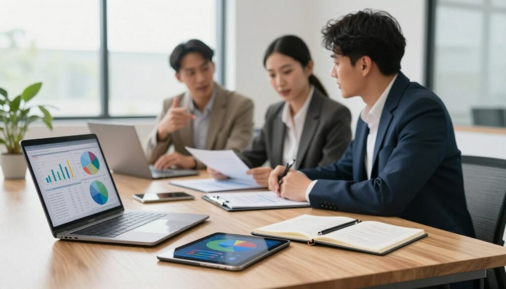 A modern workspace setting featuring various data collection tools arranged on a sleek wooden table. In the foreground, a laptop displaying colorful charts and graphs, a digital tablet, and a notepad with written observations. The middle ground showcases a diverse group of three professionals in business attire engaged in a discussion over data findings, appearing focused and collaborative. In the background, large windows let in natural light, illuminating the room with a bright, optimistic atmosphere. A potted plant adds a touch of greenery, emphasizing a fresh and innovative environment. The composition should have a slightly blurred depth of field to draw attention to the foreground details while maintaining a polished, professional vibe. A modern workspace setting featuring various data collection tools arranged on a sleek wooden table. In the foreground, a laptop displaying colorful charts and graphs, a digital tablet, and a notepad with written observations. The middle ground showcases a diverse group of three professionals in business attire engaged in a discussion over data findings, appearing focused and collaborative. In the background, large windows let in natural light, illuminating the room with a bright, optimistic atmosphere. A potted plant adds a touch of greenery, emphasizing a fresh and innovative environment. The composition should have a slightly blurred depth of field to draw attention to the foreground details while maintaining a polished, professional vibe.