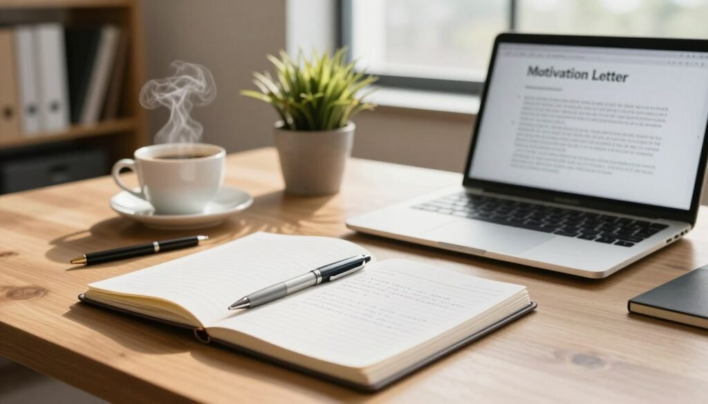 A neatly arranged workspace featuring a wooden desk with a laptop open to a document titled "Motivation Letter" and a notepad with handwritten notes. In the foreground, a stylish pen lies next to the notebook, casting a soft shadow. In the middle, a potted plant adds life to the scene, while a cup of coffee emits steam, creating a cozy atmosphere. The background shows a softly blurred office setting with bookshelves and a large window letting in warm, natural light, enhancing the inviting feel. The overall composition conveys professionalism and focus, ideal for illustrating the theme of structuring a motivation letter, without any text or distractions. A neatly arranged workspace featuring a wooden desk with a laptop open to a document titled "Motivation Letter" and a notepad with handwritten notes. In the foreground, a stylish pen lies next to the notebook, casting a soft shadow. In the middle, a potted plant adds life to the scene, while a cup of coffee emits steam, creating a cozy atmosphere. The background shows a softly blurred office setting with bookshelves and a large window letting in warm, natural light, enhancing the inviting feel. The overall composition conveys professionalism and focus, ideal for illustrating the theme of structuring a motivation letter, without any text or distractions.