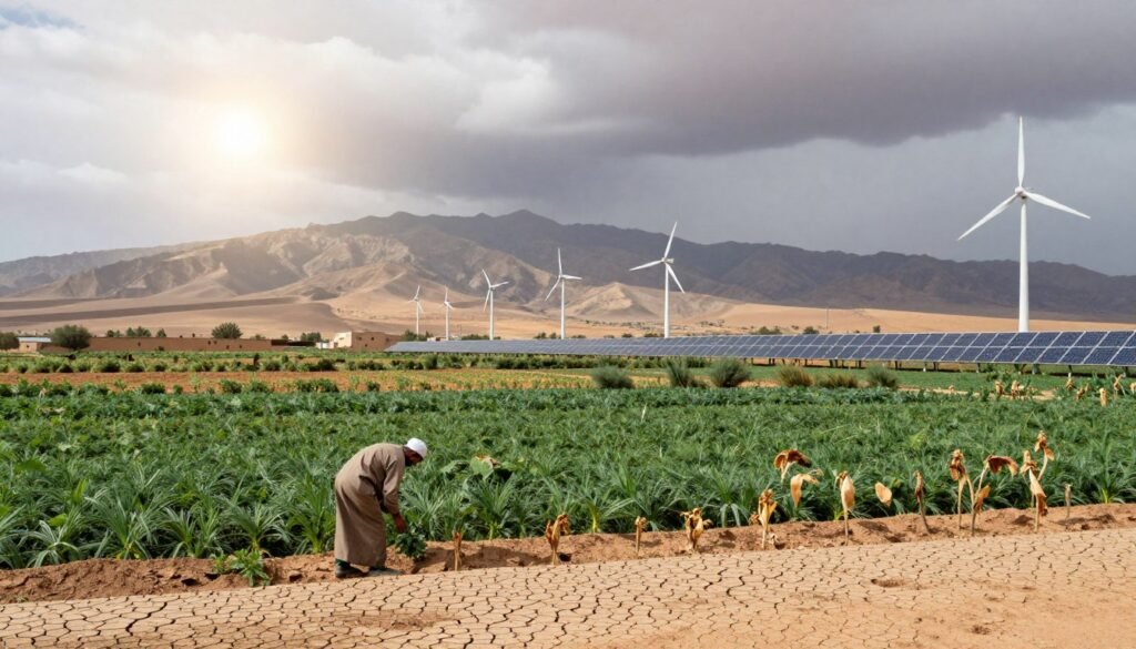 A panoramic view of a Moroccan landscape, showcasing the contrast between arid desert areas and lush, irrigated agricultural fields. In the foreground, depict a farmer in modest attire tending to crops, symbolizing sustainable agriculture. The middle ground should feature wind turbines and solar panels, representing renewable energy solutions, while showing signs of climate change such as dry, cracked earth and wilting plants. In the background, majestic mountains and a sky filled with both bright sunlight and gathering storm clouds, conveying the urgency and duality of environmental challenges. Soft, natural lighting to emphasize the landscape’s beauty, with a slightly dramatic angle to evoke concern for the future. The overall mood should be a blend of hopefulness and urgency, illustrating the critical balance between natural resources and climate change. A panoramic view of a Moroccan landscape, showcasing the contrast between arid desert areas and lush, irrigated agricultural fields. In the foreground, depict a farmer in modest attire tending to crops, symbolizing sustainable agriculture. The middle ground should feature wind turbines and solar panels, representing renewable energy solutions, while showing signs of climate change such as dry, cracked earth and wilting plants. In the background, majestic mountains and a sky filled with both bright sunlight and gathering storm clouds, conveying the urgency and duality of environmental challenges. Soft, natural lighting to emphasize the landscape’s beauty, with a slightly dramatic angle to evoke concern for the future. The overall mood should be a blend of hopefulness and urgency, illustrating the critical balance between natural resources and climate change.