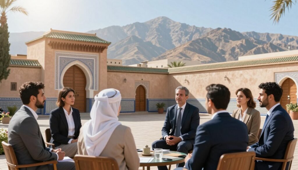 A peaceful Moroccan landscape representing integrity and anti-corruption efforts. In the foreground, a diverse group of professionals in smart business attire engaged in a discussion, illustrating collaboration and decision-making. In the middle ground, traditional Moroccan architecture, such as ornate doors and vibrant tile work, symbolizes the country's rich culture. The background features the Atlas Mountains under a clear blue sky, embodying hope and a bright future. Soft, natural lighting creates a warm and inviting atmosphere, with a slight lens flare for a touch of inspiration. The scene captures a sense of unity, purpose, and a commitment to a transparent and honest Morocco. A peaceful Moroccan landscape representing integrity and anti-corruption efforts. In the foreground, a diverse group of professionals in smart business attire engaged in a discussion, illustrating collaboration and decision-making. In the middle ground, traditional Moroccan architecture, such as ornate doors and vibrant tile work, symbolizes the country's rich culture. The background features the Atlas Mountains under a clear blue sky, embodying hope and a bright future. Soft, natural lighting creates a warm and inviting atmosphere, with a slight lens flare for a touch of inspiration. The scene captures a sense of unity, purpose, and a commitment to a transparent and honest Morocco.