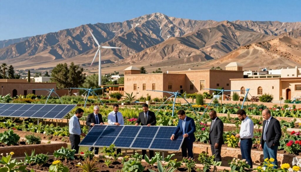 A picturesque landscape of Morocco showcasing sustainable solutions for an eco-friendly future. In the foreground, a diverse group of professional individuals in business attire, collaborating over solar panels and community gardens, symbolizing innovation and teamwork. The middle ground features traditional Moroccan architecture harmoniously integrated with modern green technology, such as wind turbines and irrigation systems, surrounded by lush greenery and blooming flowers. In the background, the Atlas Mountains rise majestically under a bright blue sky, bathed in warm sunlight that enhances the vibrant colors. The atmosphere is optimistic and inspiring, conveying a message of hope and progress towards sustainability. Shot with a wide-angle lens to capture the expansive scenery, emphasizing both the natural beauty and human ingenuity. A picturesque landscape of Morocco showcasing sustainable solutions for an eco-friendly future. In the foreground, a diverse group of professional individuals in business attire, collaborating over solar panels and community gardens, symbolizing innovation and teamwork. The middle ground features traditional Moroccan architecture harmoniously integrated with modern green technology, such as wind turbines and irrigation systems, surrounded by lush greenery and blooming flowers. In the background, the Atlas Mountains rise majestically under a bright blue sky, bathed in warm sunlight that enhances the vibrant colors. The atmosphere is optimistic and inspiring, conveying a message of hope and progress towards sustainability. Shot with a wide-angle lens to capture the expansive scenery, emphasizing both the natural beauty and human ingenuity.