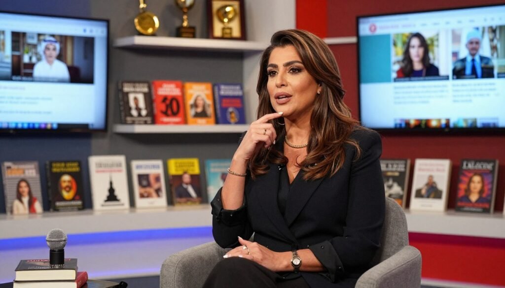 A portrait of Leila Abouzeid, a prominent Moroccan writer, sitting in a modern media studio, surrounded by books and digital screens displaying journalistic content. In the foreground, Leila appears engaged in thoughtful conversation, dressed in elegant yet modest professional attire. Her expression is one of inspiration and confidence. The middle ground features shelves filled with her published works and awards, symbolizing her literary achievements. In the background, soft, diffused lighting creates a warm atmosphere, accentuating the vibrant hues of the studio. The composition captures a sense of intellectual influence, blending traditional and contemporary media elements. The camera angle is slightly elevated, providing a captivating view of her dynamic presence within the cultural landscape. A portrait of Leila Abouzeid, a prominent Moroccan writer, sitting in a modern media studio, surrounded by books and digital screens displaying journalistic content. In the foreground, Leila appears engaged in thoughtful conversation, dressed in elegant yet modest professional attire. Her expression is one of inspiration and confidence. The middle ground features shelves filled with her published works and awards, symbolizing her literary achievements. In the background, soft, diffused lighting creates a warm atmosphere, accentuating the vibrant hues of the studio. The composition captures a sense of intellectual influence, blending traditional and contemporary media elements. The camera angle is slightly elevated, providing a captivating view of her dynamic presence within the cultural landscape.