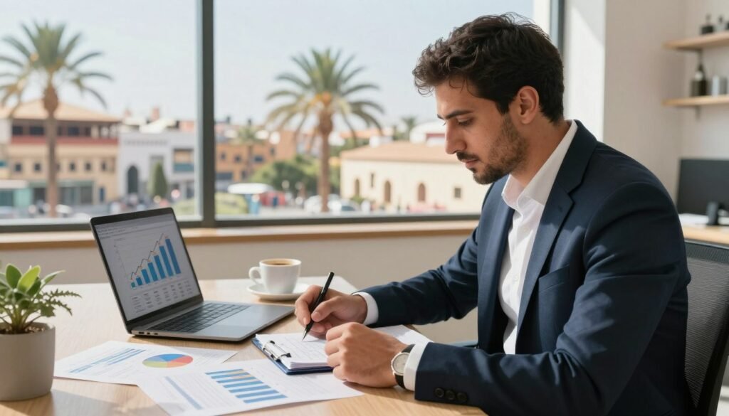 A professional Moroccan auto-entrepreneur in a modern office environment, analyzing graphs and financial documents related to their business. In the foreground, the entrepreneur, dressed in smart business attire, looks focused while taking notes. The middle ground features a desk cluttered with financial papers, a laptop showing a chart of business growth, and a cup of coffee. In the background, a large window reveals a glimpse of a vibrant Moroccan cityscape, with palm trees and traditional architecture. The lighting is bright and natural, streaming in through the window, creating an optimistic and motivational atmosphere. The scene evokes a sense of ambition and professionalism, perfectly capturing the essence of defining the auto-entrepreneur status in Morocco. A professional Moroccan auto-entrepreneur in a modern office environment, analyzing graphs and financial documents related to their business. In the foreground, the entrepreneur, dressed in smart business attire, looks focused while taking notes. The middle ground features a desk cluttered with financial papers, a laptop showing a chart of business growth, and a cup of coffee. In the background, a large window reveals a glimpse of a vibrant Moroccan cityscape, with palm trees and traditional architecture. The lighting is bright and natural, streaming in through the window, creating an optimistic and motivational atmosphere. The scene evokes a sense of ambition and professionalism, perfectly capturing the essence of defining the auto-entrepreneur status in Morocco.