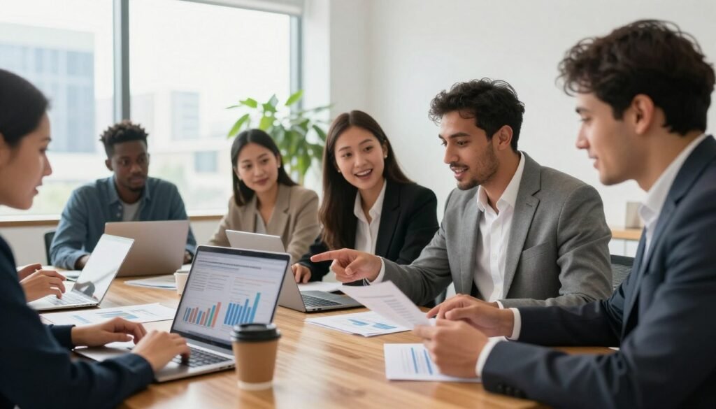 A professional and dynamic workspace scene showcasing a group of diverse entrepreneurs collaborating over documents and digital devices. In the foreground, a smooth wooden table with laptops, charts, and coffee cups; all elements reflecting a financial planning theme. In the middle, a multi-ethnic team: two women and one man, dressed in smart business attire, engaged in discussion, pointing at a laptop screen displaying graphs related to startup funding solutions. In the background, large bright windows let in natural light, illuminating green plants and a modern urban skyline. The atmosphere is one of innovation and opportunity, evoking a sense of teamwork and excitement about startup financing in Morocco. The image should have a bright, airy feel with a slight focus on the team’s enthusiastic expressions. A professional and dynamic workspace scene showcasing a group of diverse entrepreneurs collaborating over documents and digital devices. In the foreground, a smooth wooden table with laptops, charts, and coffee cups; all elements reflecting a financial planning theme. In the middle, a multi-ethnic team: two women and one man, dressed in smart business attire, engaged in discussion, pointing at a laptop screen displaying graphs related to startup funding solutions. In the background, large bright windows let in natural light, illuminating green plants and a modern urban skyline. The atmosphere is one of innovation and opportunity, evoking a sense of teamwork and excitement about startup financing in Morocco. The image should have a bright, airy feel with a slight focus on the team’s enthusiastic expressions.