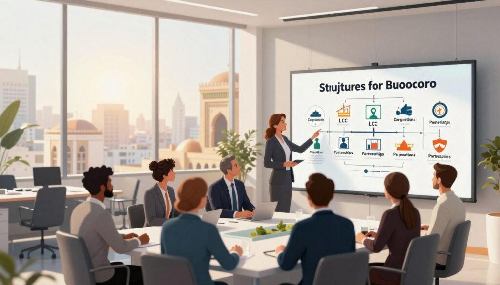 A professional and informative illustration depicting different legal structures for businesses in Morocco. In the foreground, a diverse group of businesspeople in professional attire are engaged in discussion, referencing a large chart that outlines various legal entities such as LLCs, corporations, and partnerships. The middle ground features a modern office environment with sleek furniture and a large window showcasing a cityscape of Moroccan architecture. In the background, a soft, warm sunlight filters through the window, creating a welcoming atmosphere. The scene should evoke a sense of collaboration and strategic planning, highlighting the importance of choosing the right legal structure. The image is shot with a wide-angle lens to capture the entire setting, emphasizing the dynamics of the meeting. A professional and informative illustration depicting different legal structures for businesses in Morocco. In the foreground, a diverse group of businesspeople in professional attire are engaged in discussion, referencing a large chart that outlines various legal entities such as LLCs, corporations, and partnerships. The middle ground features a modern office environment with sleek furniture and a large window showcasing a cityscape of Moroccan architecture. In the background, a soft, warm sunlight filters through the window, creating a welcoming atmosphere. The scene should evoke a sense of collaboration and strategic planning, highlighting the importance of choosing the right legal structure. The image is shot with a wide-angle lens to capture the entire setting, emphasizing the dynamics of the meeting.