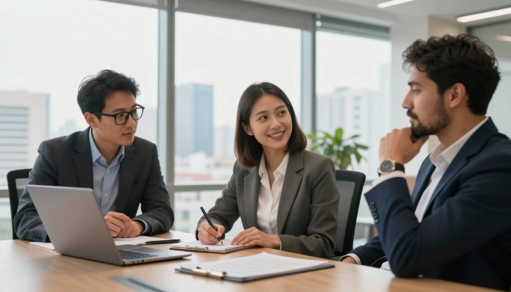 A professional and modern office environment, depicting a business meeting. In the foreground, a diverse group of three individuals—two men and one woman—dressed in professional business attire, attentively discussing post-interview follow-up strategies. The man on the left, with short dark hair and glasses, is pointing at a laptop screen, while the woman in the center, with shoulder-length hair and a confident smile, takes notes on a notepad. The man on the right, with a beard, leans back in his chair, thoughtfully considering the conversation. In the middle background, a large window reveals a city skyline, with warm natural light flooding the room. The overall mood is collaborative and optimistic, highlighting the importance of communication in recruitment processes. Use a wide-angle lens for a dynamic view, showcasing the team's interaction. A professional and modern office environment, depicting a business meeting. In the foreground, a diverse group of three individuals—two men and one woman—dressed in professional business attire, attentively discussing post-interview follow-up strategies. The man on the left, with short dark hair and glasses, is pointing at a laptop screen, while the woman in the center, with shoulder-length hair and a confident smile, takes notes on a notepad. The man on the right, with a beard, leans back in his chair, thoughtfully considering the conversation. In the middle background, a large window reveals a city skyline, with warm natural light flooding the room. The overall mood is collaborative and optimistic, highlighting the importance of communication in recruitment processes. Use a wide-angle lens for a dynamic view, showcasing the team's interaction.