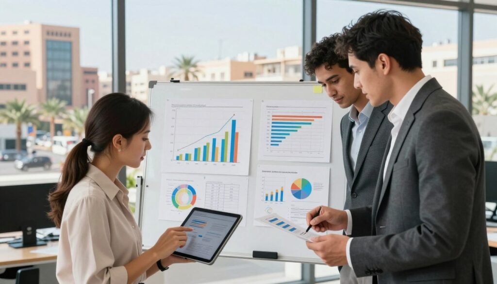 A professional business analytics scene in a modern office, depicting a diverse group of three professionals engaged in a market study. In the foreground, a woman in a smart blouse analyzes a digital tablet, while a man in a tailored suit reviews printed graphs. In the middle, a large whiteboard displays colorful market growth charts and strategic plans. The background features a sleek window showcasing a lively urban landscape of Morocco, with modern buildings and palm trees. The lighting is bright and natural, creating a productive atmosphere. The composition is taken from a slightly elevated angle to capture the engagement of the team, conveying a sense of teamwork and forward-thinking. No text, captions, or logos are present. A professional business analytics scene in a modern office, depicting a diverse group of three professionals engaged in a market study. In the foreground, a woman in a smart blouse analyzes a digital tablet, while a man in a tailored suit reviews printed graphs. In the middle, a large whiteboard displays colorful market growth charts and strategic plans. The background features a sleek window showcasing a lively urban landscape of Morocco, with modern buildings and palm trees. The lighting is bright and natural, creating a productive atmosphere. The composition is taken from a slightly elevated angle to capture the engagement of the team, conveying a sense of teamwork and forward-thinking. No text, captions, or logos are present.